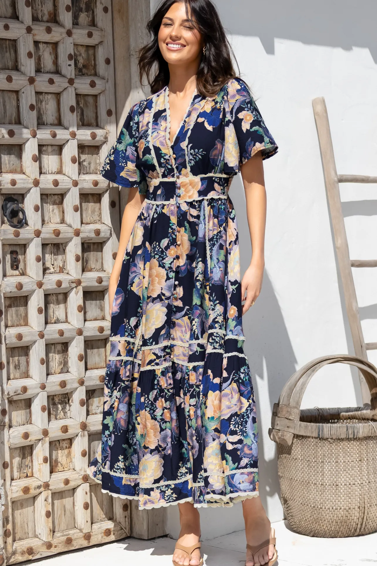 Nolette Maxi Dress - Lace Trim Button Down Dress with Flutter Sleeves in Ana Print Navy>Salty Crush Clearance