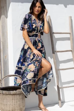 Nolette Maxi Dress - Lace Trim Button Down Dress with Flutter Sleeves in Ana Print Navy><noscript><img width=