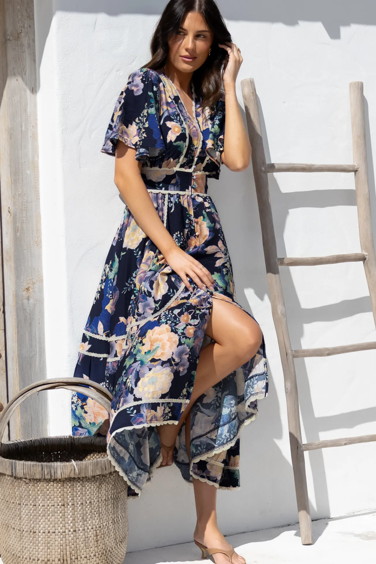 Nolette Maxi Dress - Lace Trim Button Down Dress with Flutter Sleeves in Ana Print Navy>Salty Crush Clearance