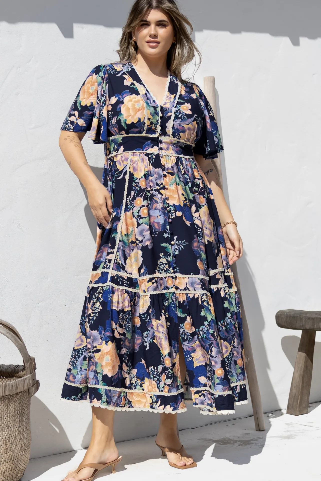Nolette Maxi Dress - Lace Trim Button Down Dress with Flutter Sleeves in Ana Print Navy>Salty Crush Clearance