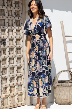 Nolette Maxi Dress - Lace Trim Button Down Dress with Flutter Sleeves in Ana Print Navy><noscript><img width=