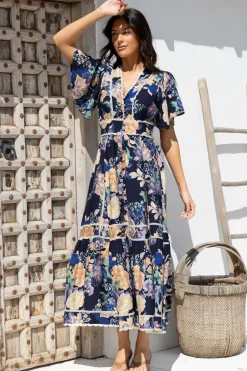 Nolette Maxi Dress - Lace Trim Button Down Dress with Flutter Sleeves in Ana Print Navy><noscript><img width=