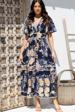 Nolette Maxi Dress - Lace Trim Button Down Dress with Flutter Sleeves in Ana Print Navy><noscript><img width=