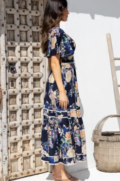 Nolette Maxi Dress - Lace Trim Button Down Dress with Flutter Sleeves in Ana Print Navy><noscript><img width=