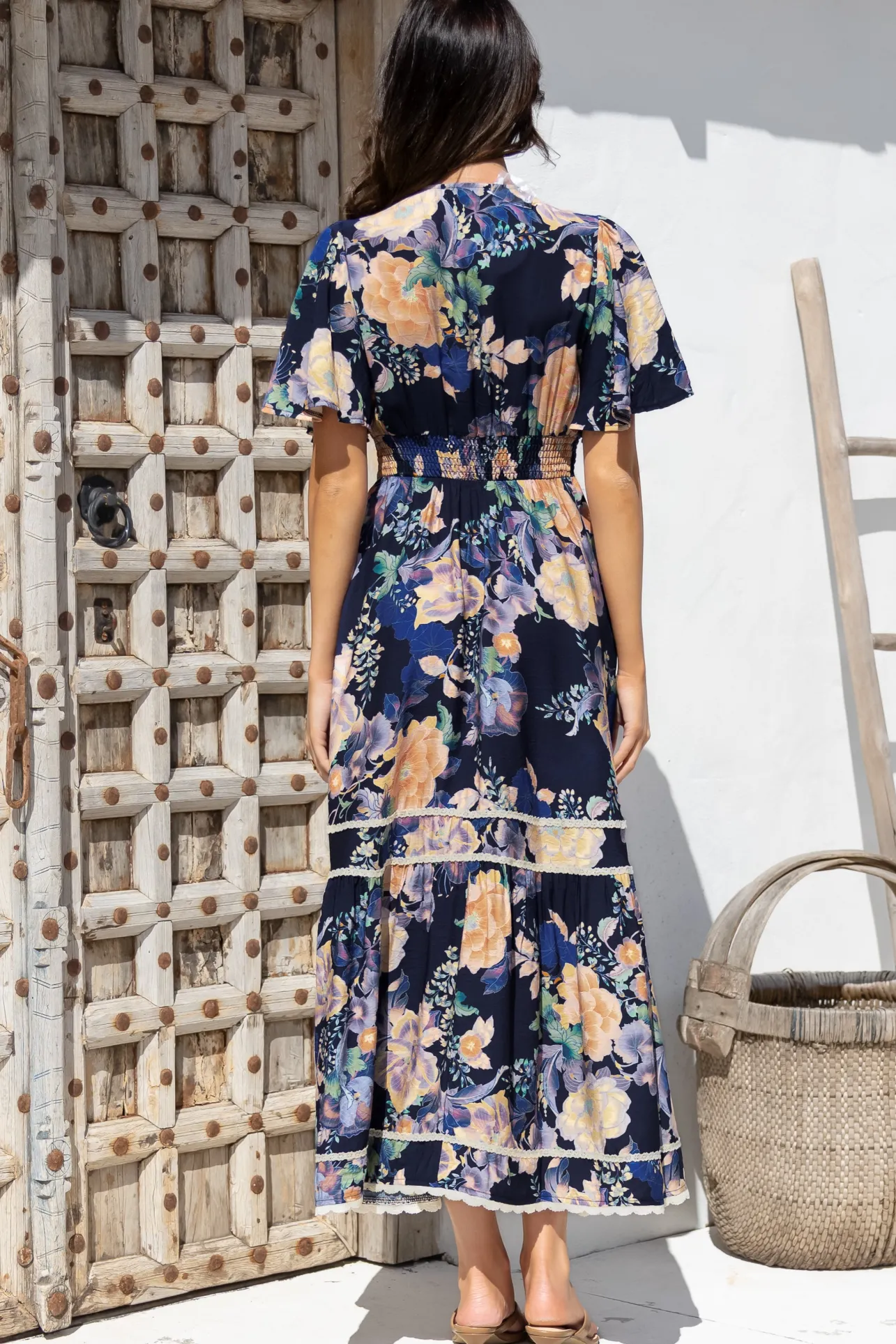 Nolette Maxi Dress - Lace Trim Button Down Dress with Flutter Sleeves in Ana Print Navy>Salty Crush Clearance