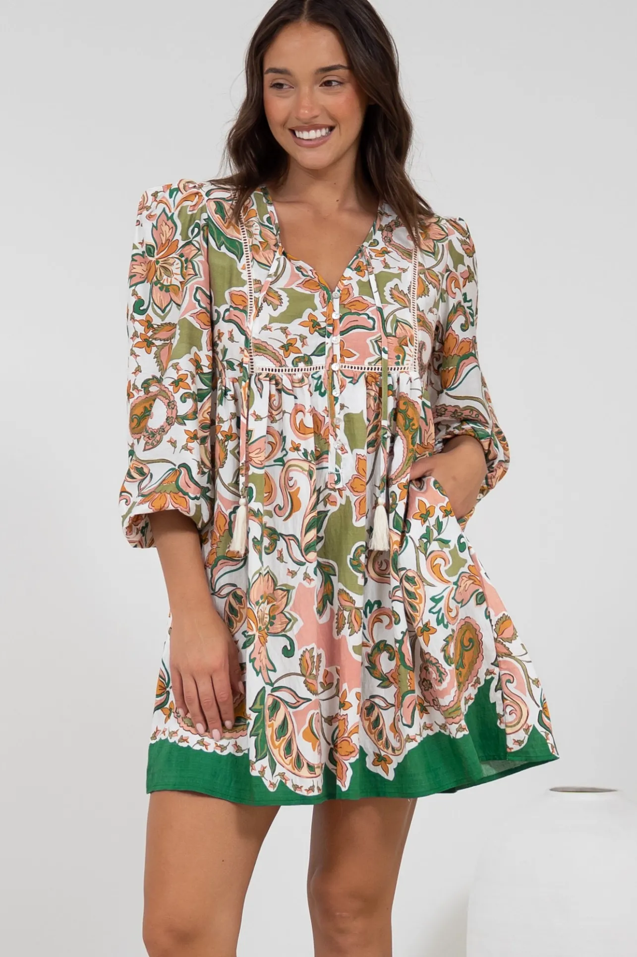 Nora Mini Dress - Long Sleeve Baby Doll Dress in Marcia Print>Salty Crush Online