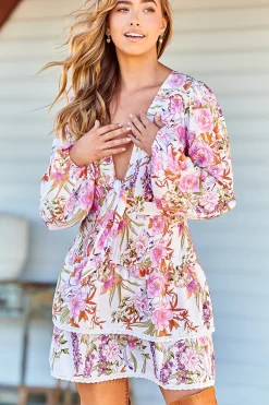 North Mini Dress - Deep V-Neck A-Line Dress with Lace Trims in Acadia Print>Jaase Outlet