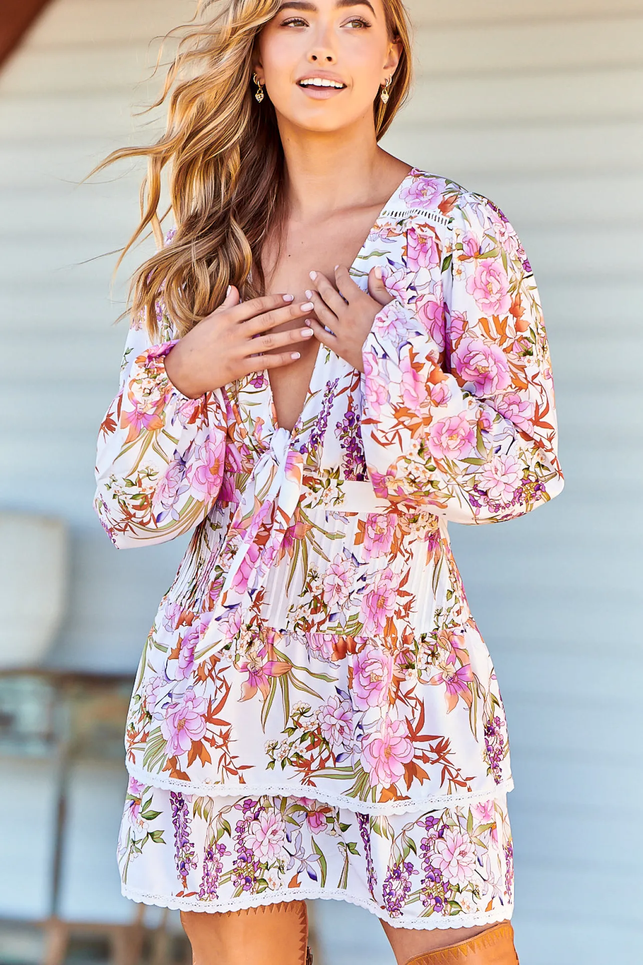 North Mini Dress - Deep V-Neck A-Line Dress with Lace Trims in Acadia Print>Jaase Outlet
