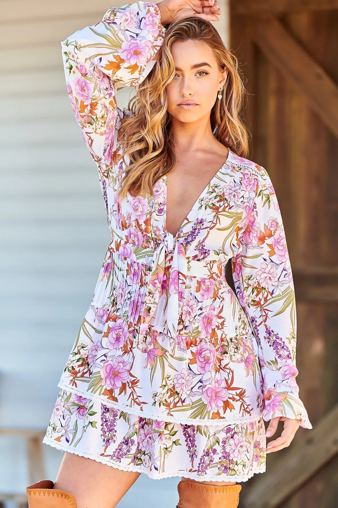 North Mini Dress - Deep V-Neck A-Line Dress with Lace Trims in Acadia Print>Jaase Outlet