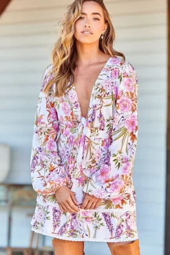 North Mini Dress - Deep V-Neck A-Line Dress with Lace Trims in Acadia Print><noscript><img width=