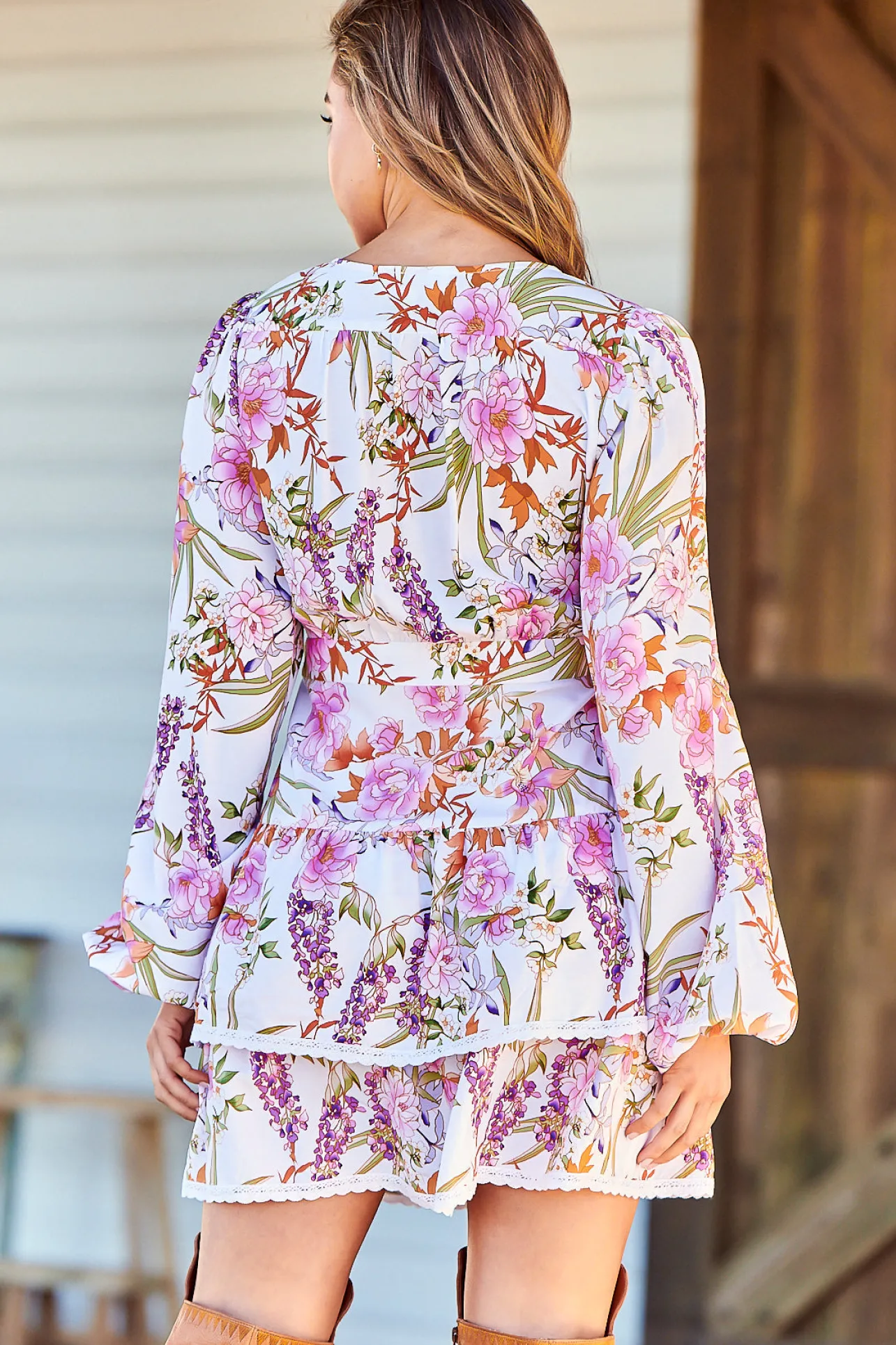 North Mini Dress - Deep V-Neck A-Line Dress with Lace Trims in Acadia Print>Jaase Outlet