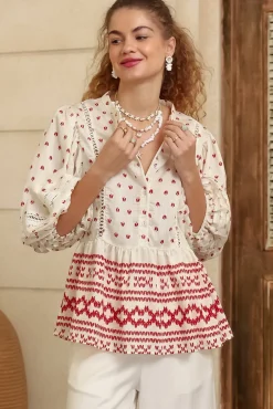 Nova Top - Mandarin Collar Pull Over Pleat Detailed Top in Fay Print><noscript><img width=