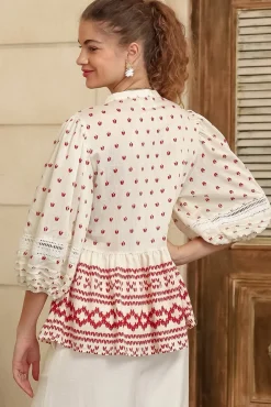 Nova Top - Mandarin Collar Pull Over Pleat Detailed Top in Fay Print><noscript><img width=