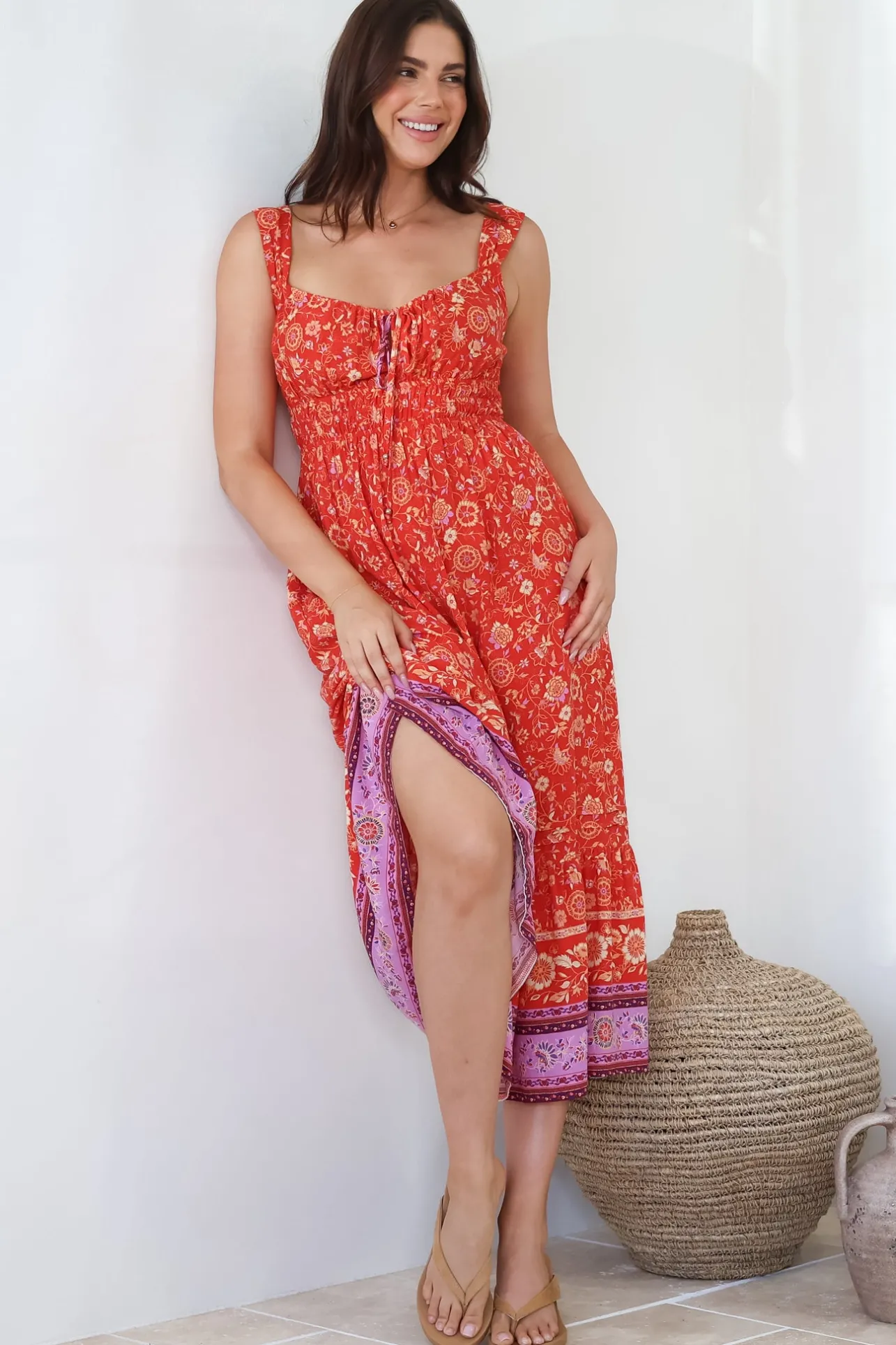 Nyra Midi Dress - Thick Strap Tie at Neckline A-Line Sun Dress in Maevi Print>Salty Crush New