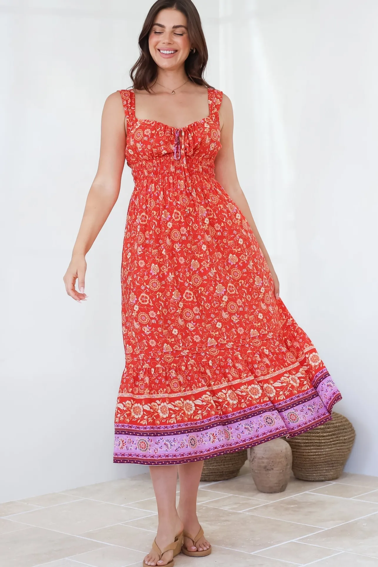 Nyra Midi Dress - Thick Strap Tie at Neckline A-Line Sun Dress in Maevi Print>Salty Crush New