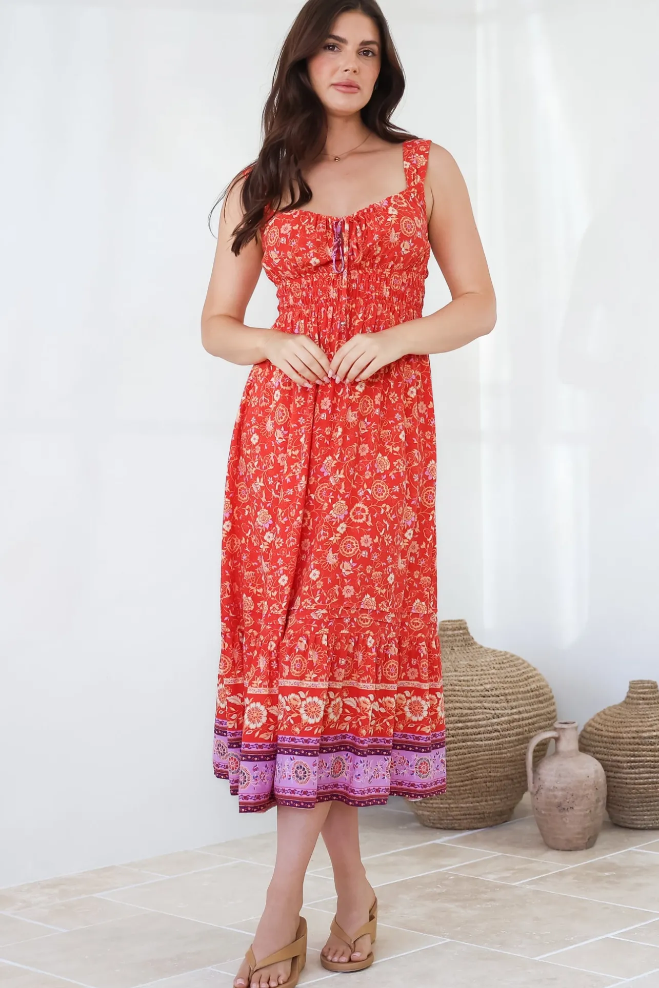 Nyra Midi Dress - Thick Strap Tie at Neckline A-Line Sun Dress in Maevi Print>Salty Crush New