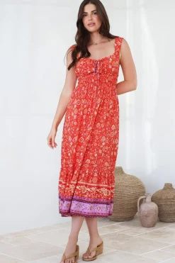 Nyra Midi Dress - Thick Strap Tie at Neckline A-Line Sun Dress in Maevi Print><noscript><img width=