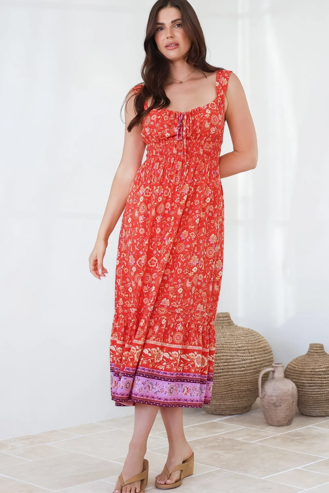 Nyra Midi Dress - Thick Strap Tie at Neckline A-Line Sun Dress in Maevi Print>Salty Crush New