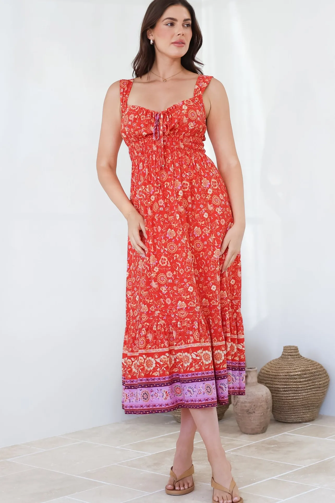 Nyra Midi Dress - Thick Strap Tie at Neckline A-Line Sun Dress in Maevi Print>Salty Crush New