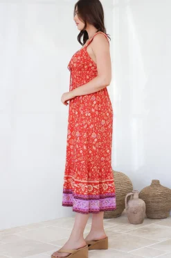 Nyra Midi Dress - Thick Strap Tie at Neckline A-Line Sun Dress in Maevi Print><noscript><img width=