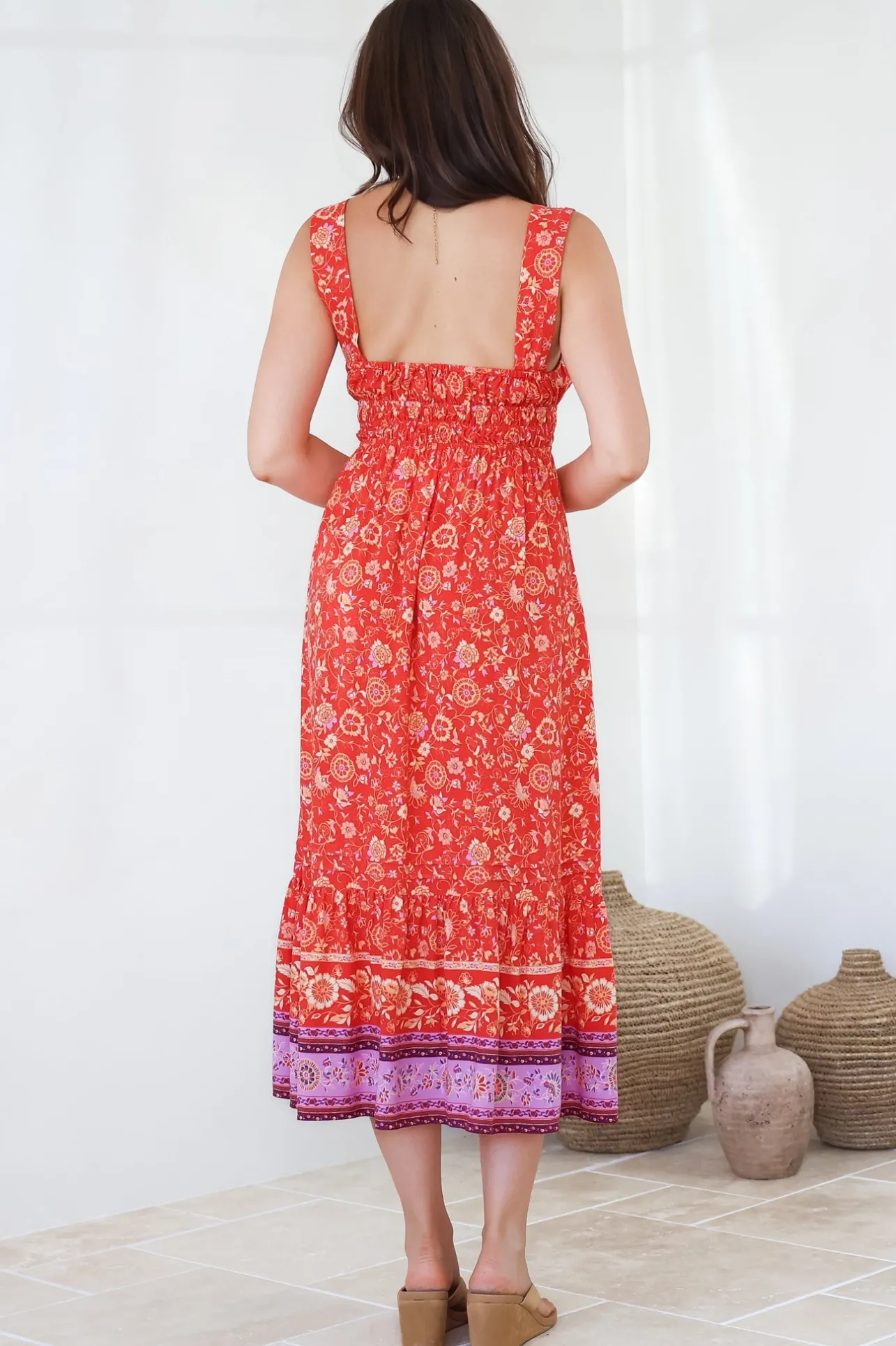 Nyra Midi Dress - Thick Strap Tie at Neckline A-Line Sun Dress in Maevi Print>Salty Crush New