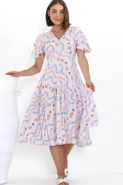 Odette Midi Dress - Flutter Cap Sleeve Button Waist A Line Dress in Annabelle Print>Salty Crush Best