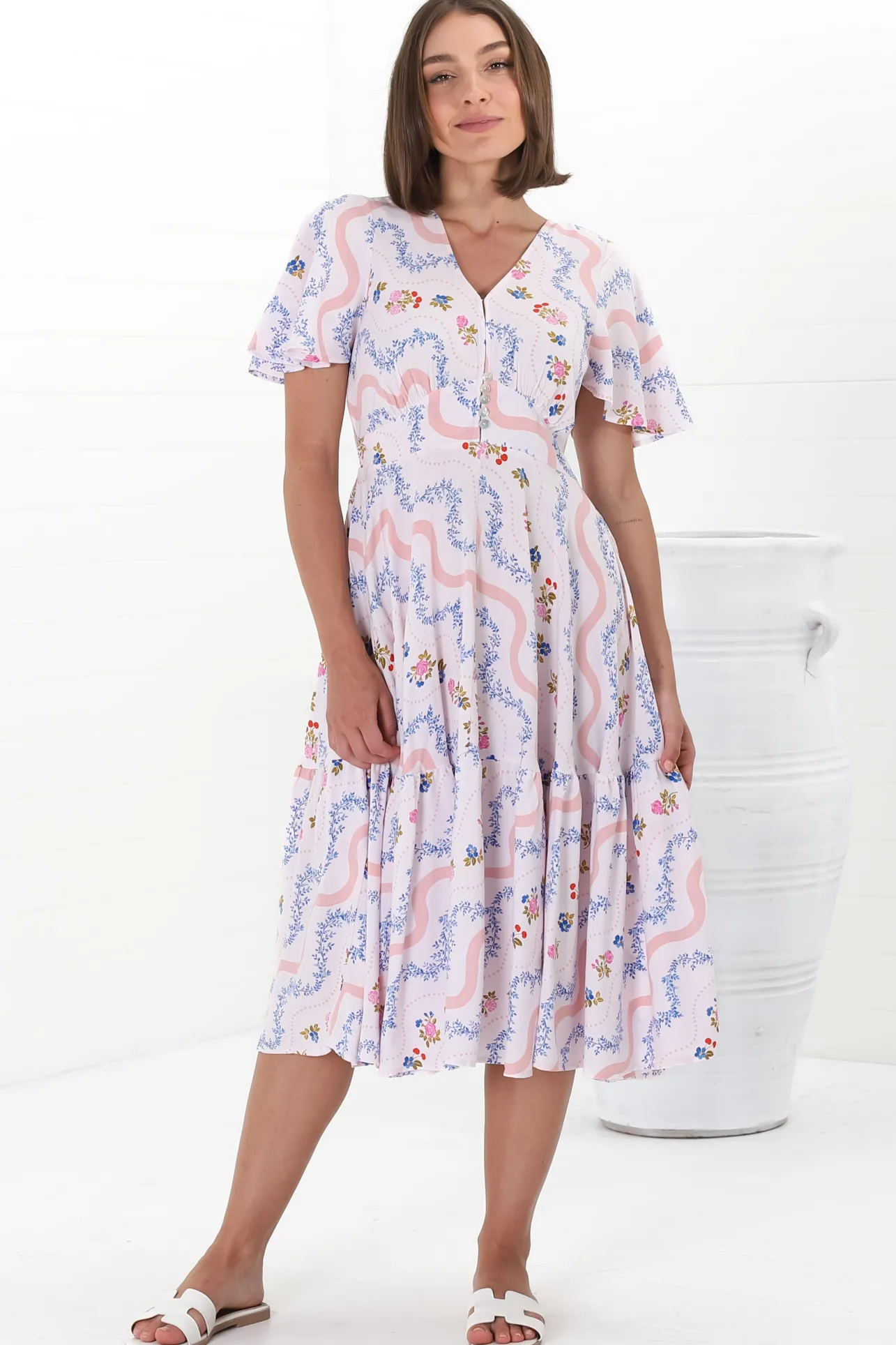 Odette Midi Dress - Flutter Cap Sleeve Button Waist A Line Dress in Annabelle Print>Salty Crush Best