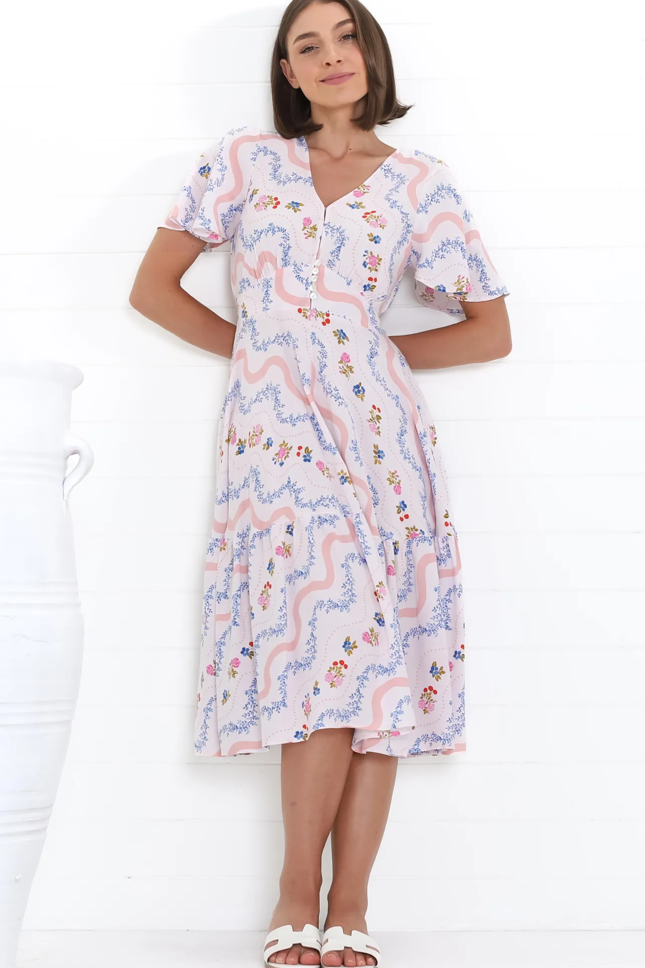 Odette Midi Dress - Flutter Cap Sleeve Button Waist A Line Dress in Annabelle Print>Salty Crush Best