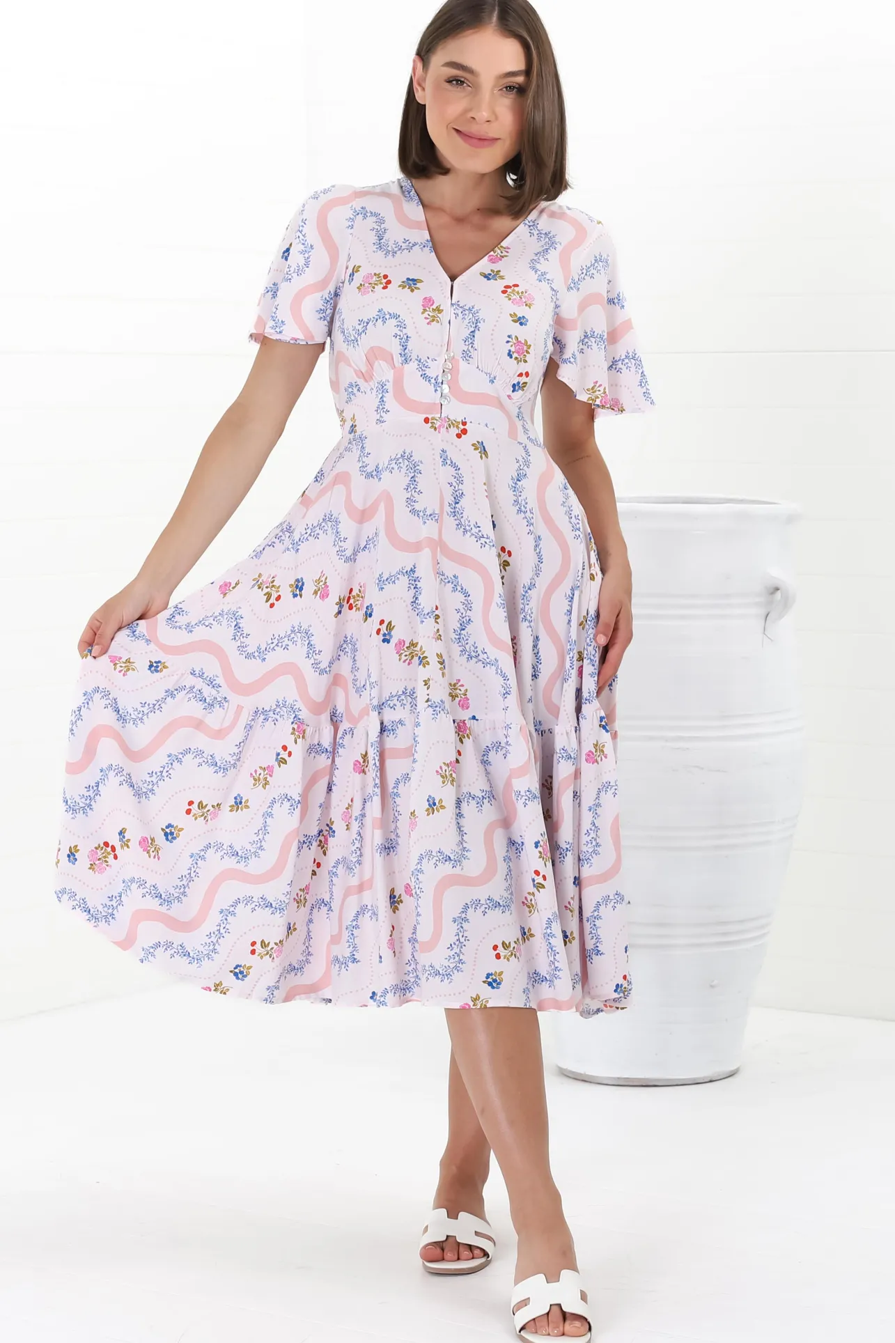 Odette Midi Dress - Flutter Cap Sleeve Button Waist A Line Dress in Annabelle Print>Salty Crush Best