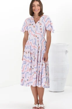 Odette Midi Dress - Flutter Cap Sleeve Button Waist A Line Dress in Annabelle Print><noscript><img width=