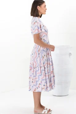 Odette Midi Dress - Flutter Cap Sleeve Button Waist A Line Dress in Annabelle Print><noscript><img width=