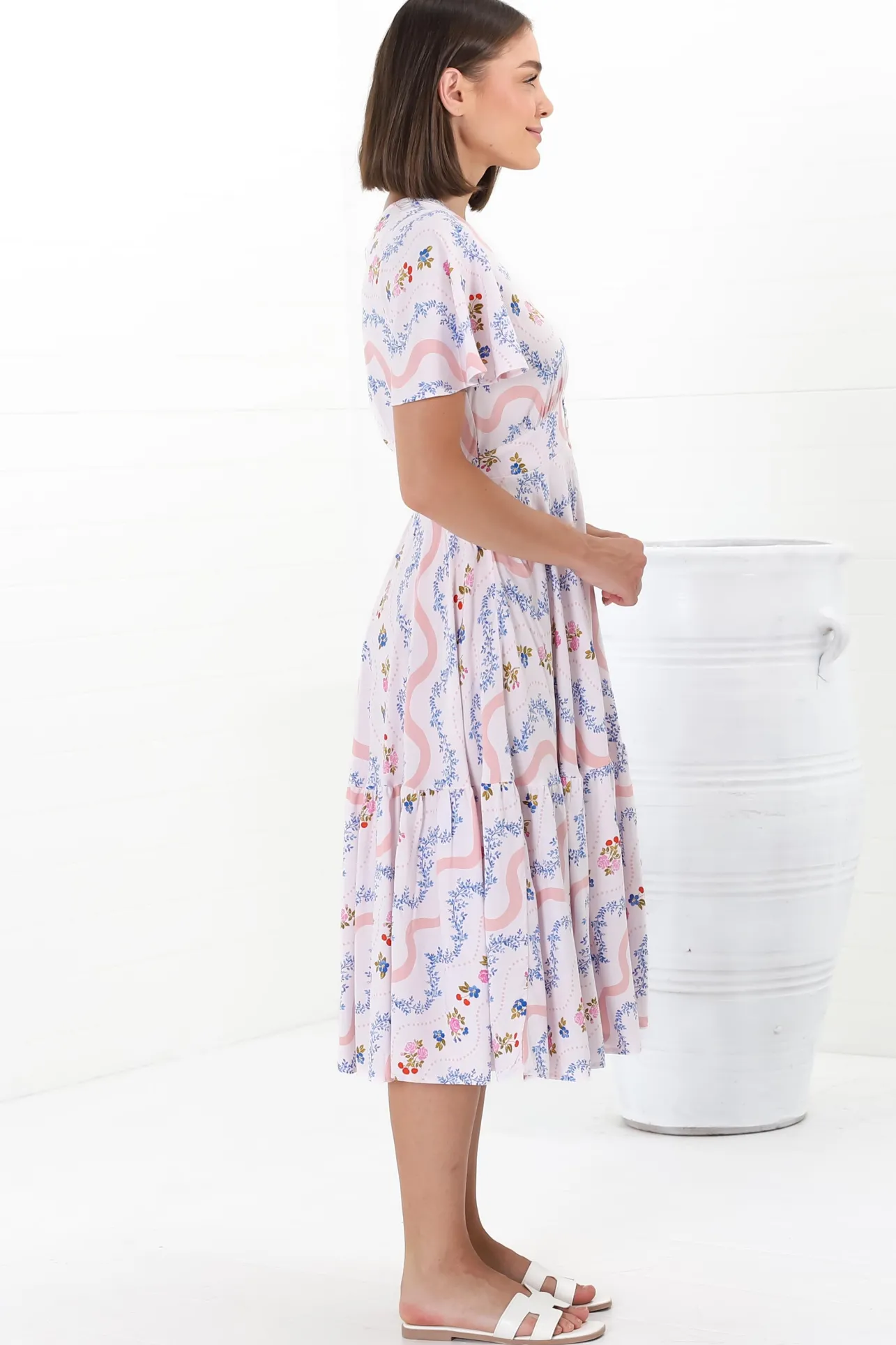 Odette Midi Dress - Flutter Cap Sleeve Button Waist A Line Dress in Annabelle Print>Salty Crush Best