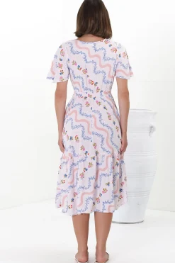 Odette Midi Dress - Flutter Cap Sleeve Button Waist A Line Dress in Annabelle Print><noscript><img width=