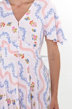 Odette Midi Dress - Flutter Cap Sleeve Button Waist A Line Dress in Annabelle Print><noscript><img width=