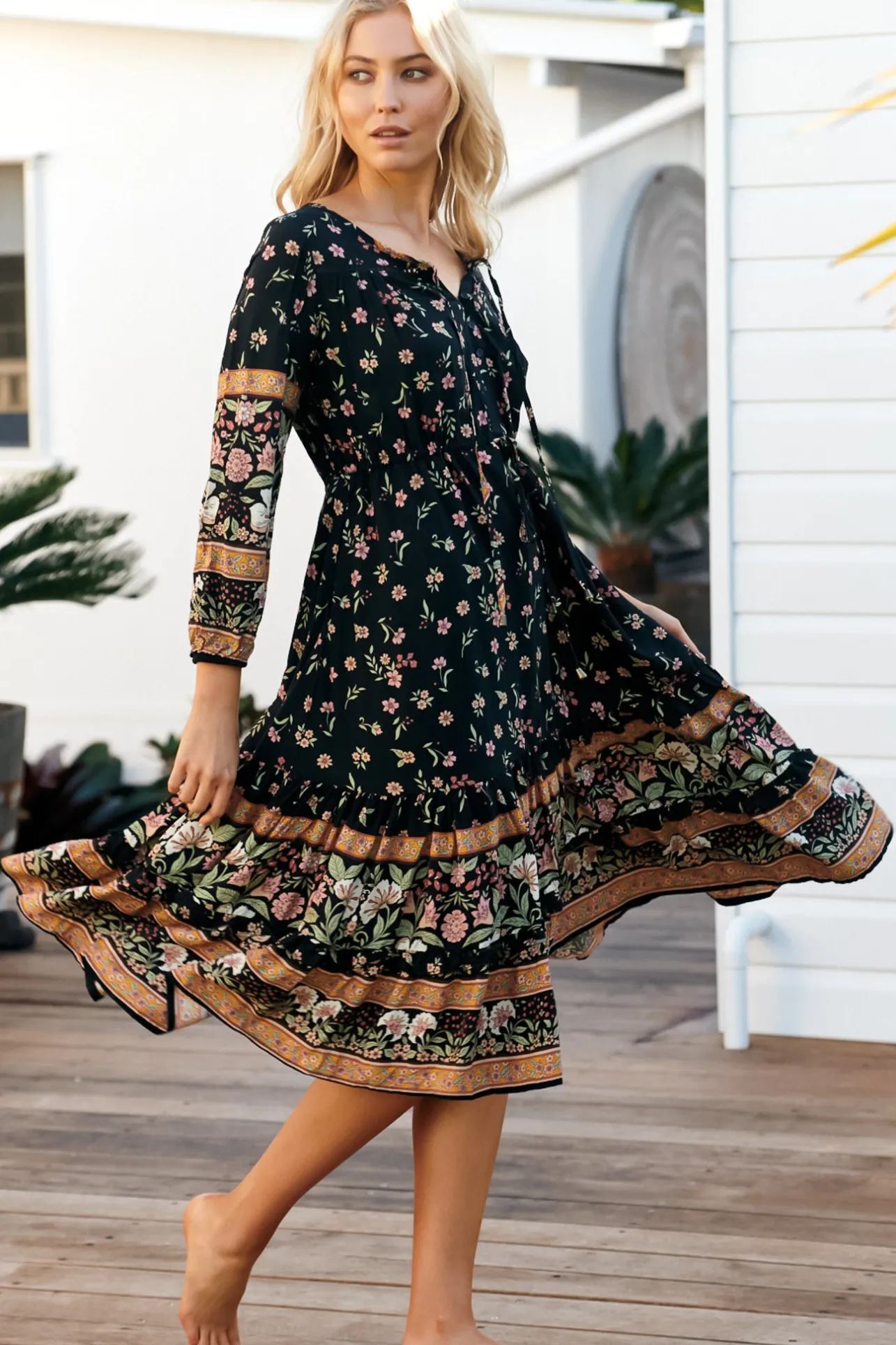 Olly Midi Dress: V Neck Pull in Waist Tie Tiered Dress in Eternity Print>Jaase Outlet