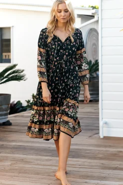 Olly Midi Dress: V Neck Pull in Waist Tie Tiered Dress in Eternity Print><noscript><img width=