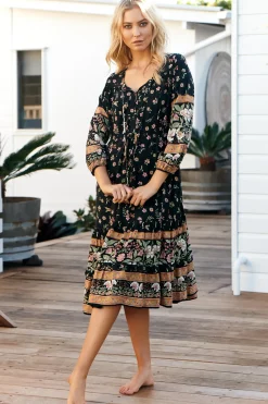 Olly Midi Dress: V Neck Pull in Waist Tie Tiered Dress in Eternity Print><noscript><img width=