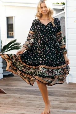Olly Midi Dress: V Neck Pull in Waist Tie Tiered Dress in Eternity Print><noscript><img width=
