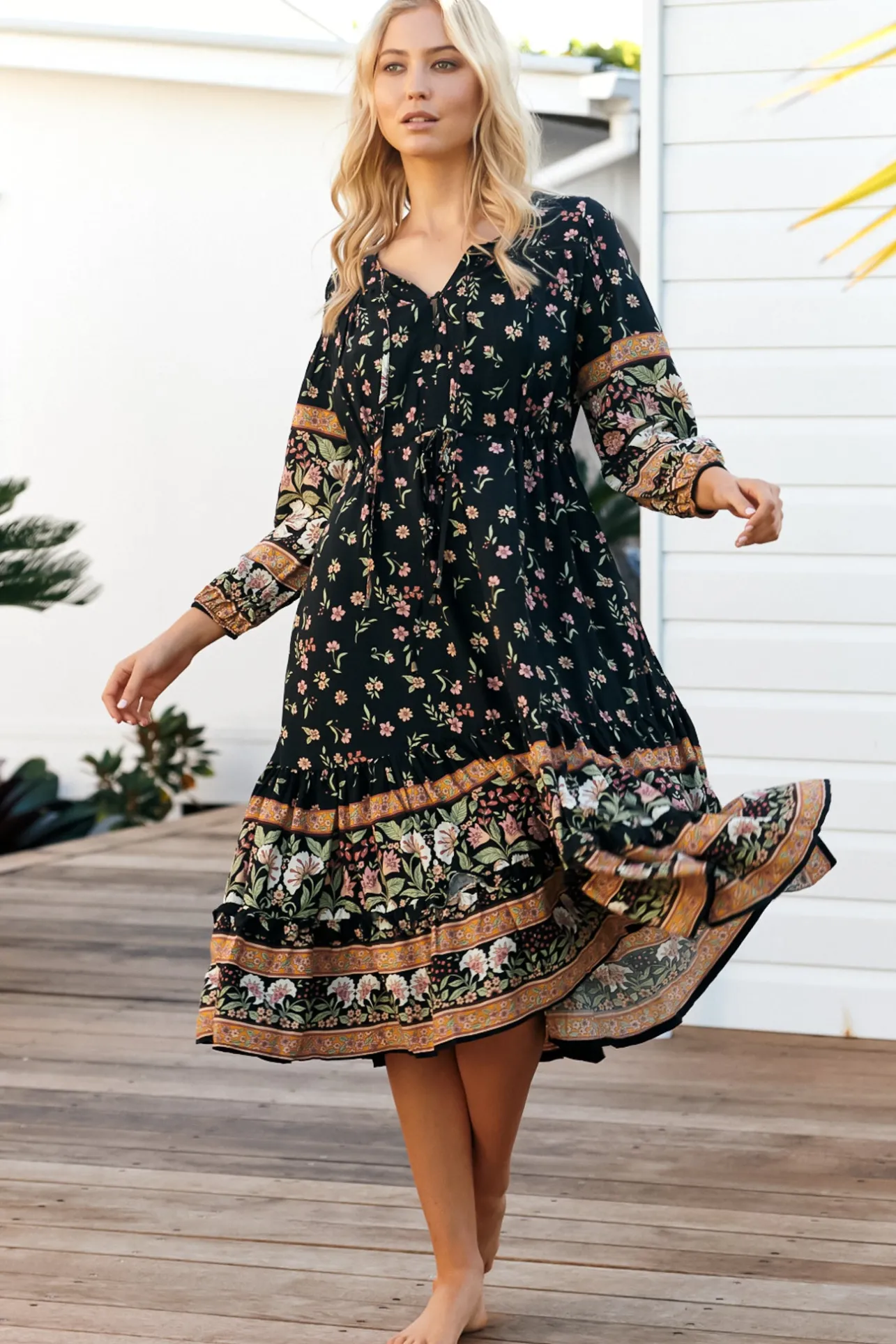 Olly Midi Dress: V Neck Pull in Waist Tie Tiered Dress in Eternity Print>Jaase Outlet