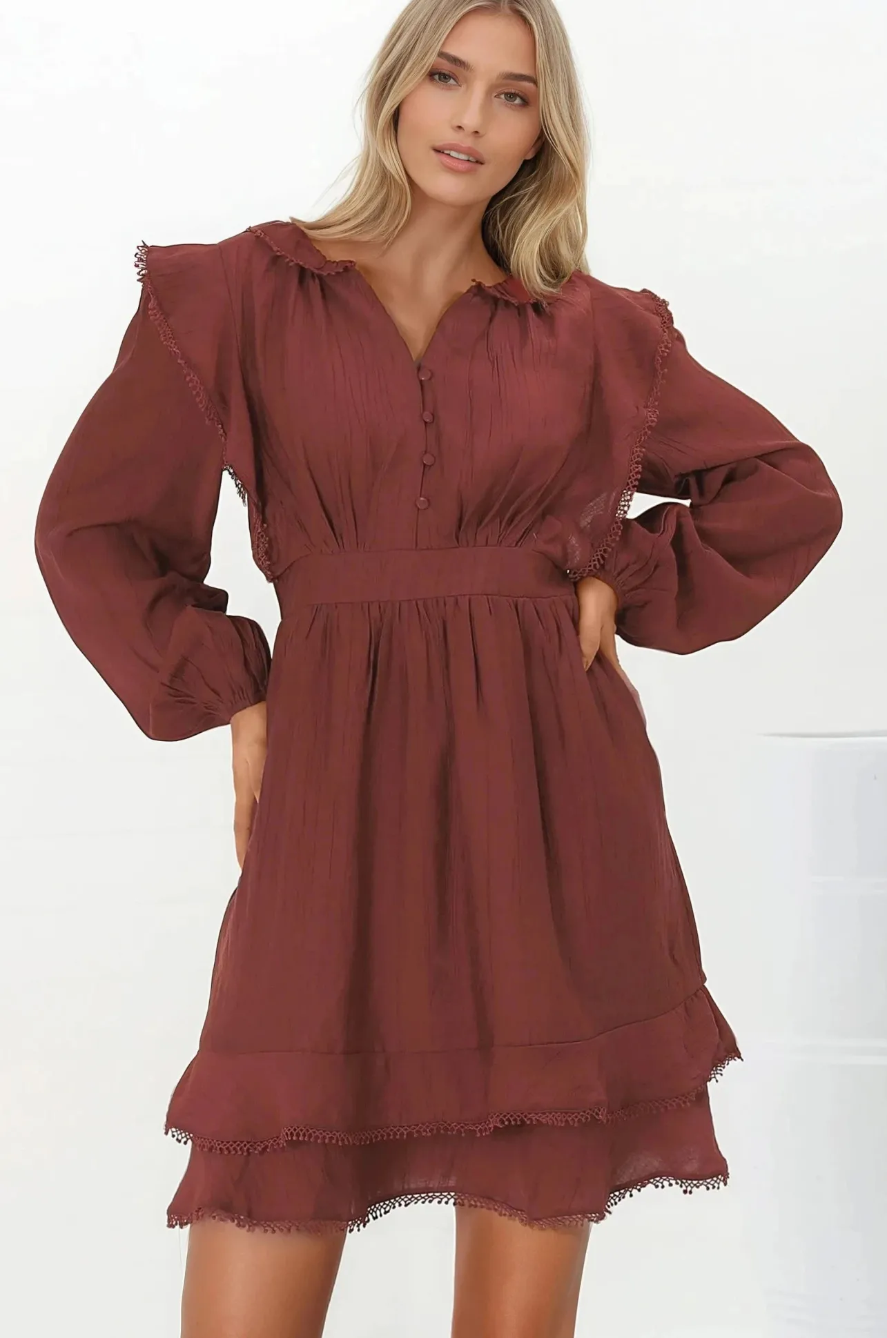 Ophilia Mini Dress - Frill Detailed A-Line Dress with Balloon Sleeves in Wine>Salty Crush Online