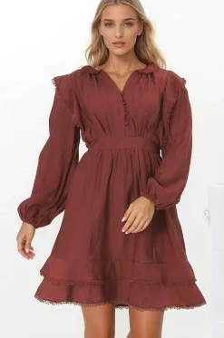 Ophilia Mini Dress - Frill Detailed A-Line Dress with Balloon Sleeves in Wine>Salty Crush Online