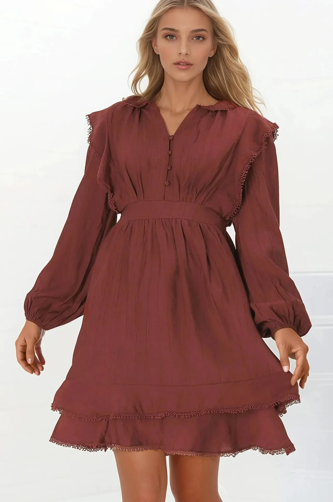 Ophilia Mini Dress - Frill Detailed A-Line Dress with Balloon Sleeves in Wine>Salty Crush Online