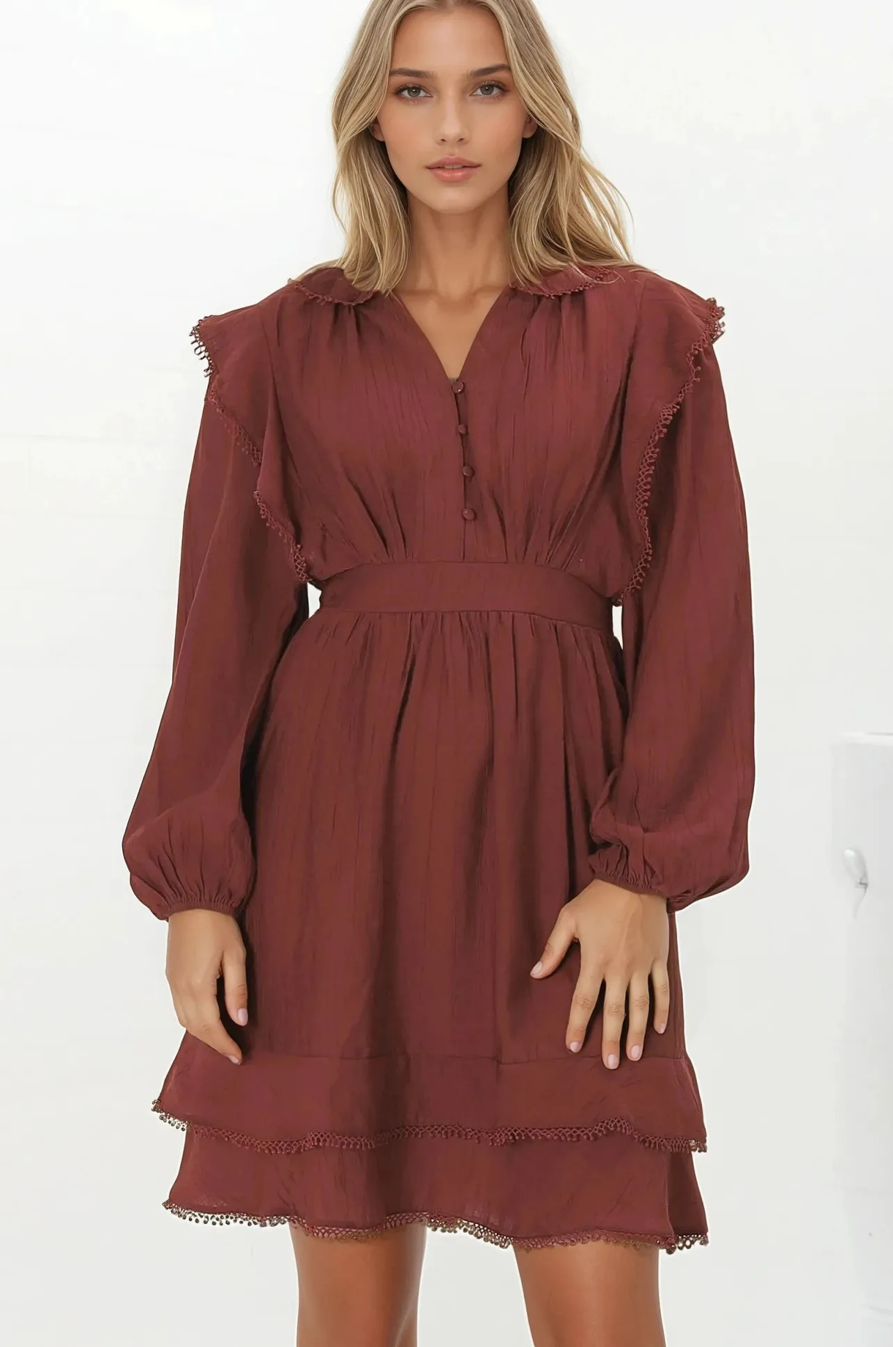 Ophilia Mini Dress - Frill Detailed A-Line Dress with Balloon Sleeves in Wine>Salty Crush Online