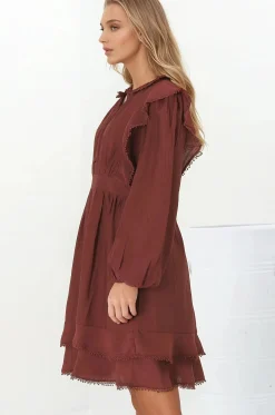 Ophilia Mini Dress - Frill Detailed A-Line Dress with Balloon Sleeves in Wine><noscript><img width=