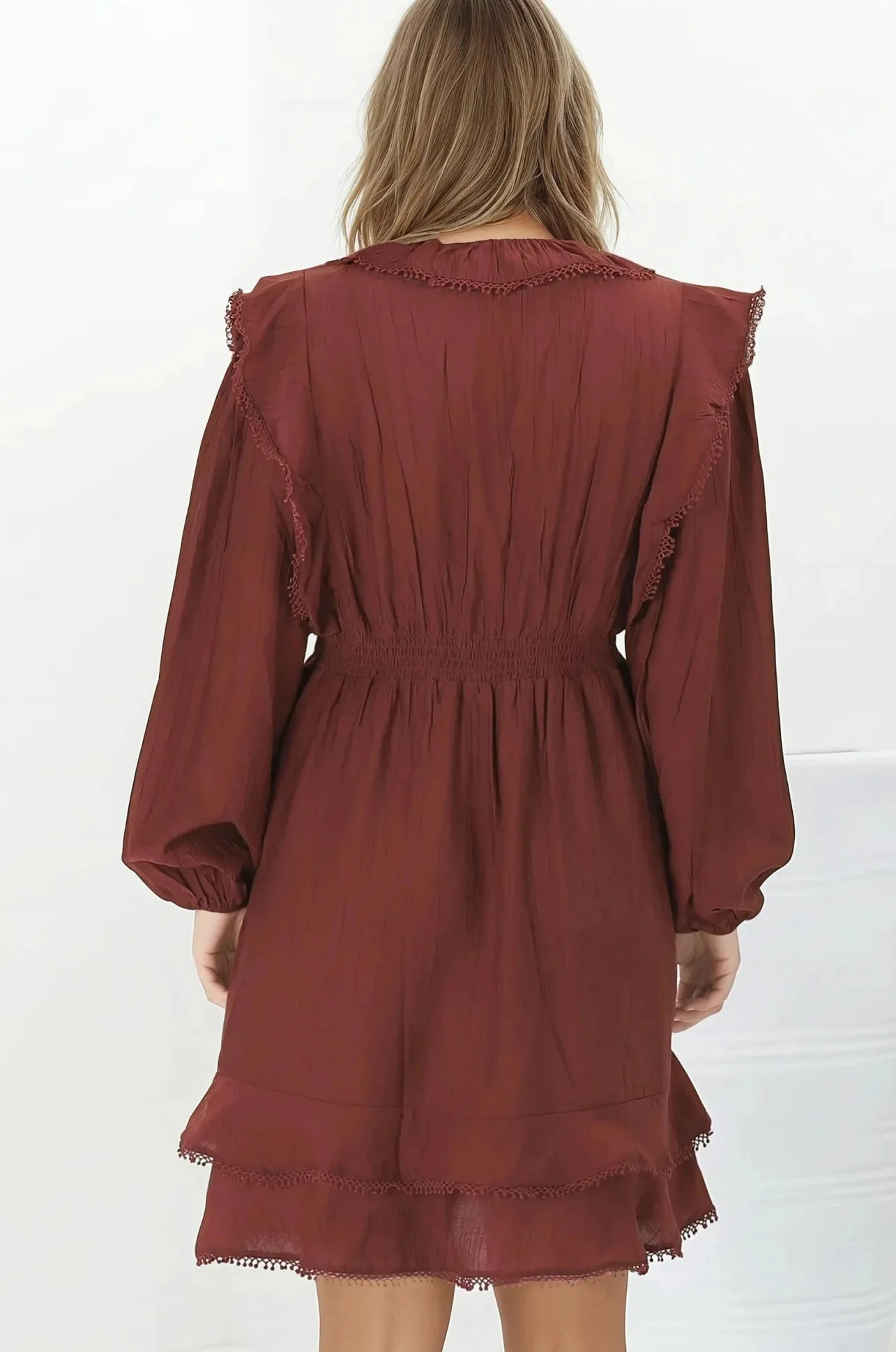 Ophilia Mini Dress - Frill Detailed A-Line Dress with Balloon Sleeves in Wine>Salty Crush Online