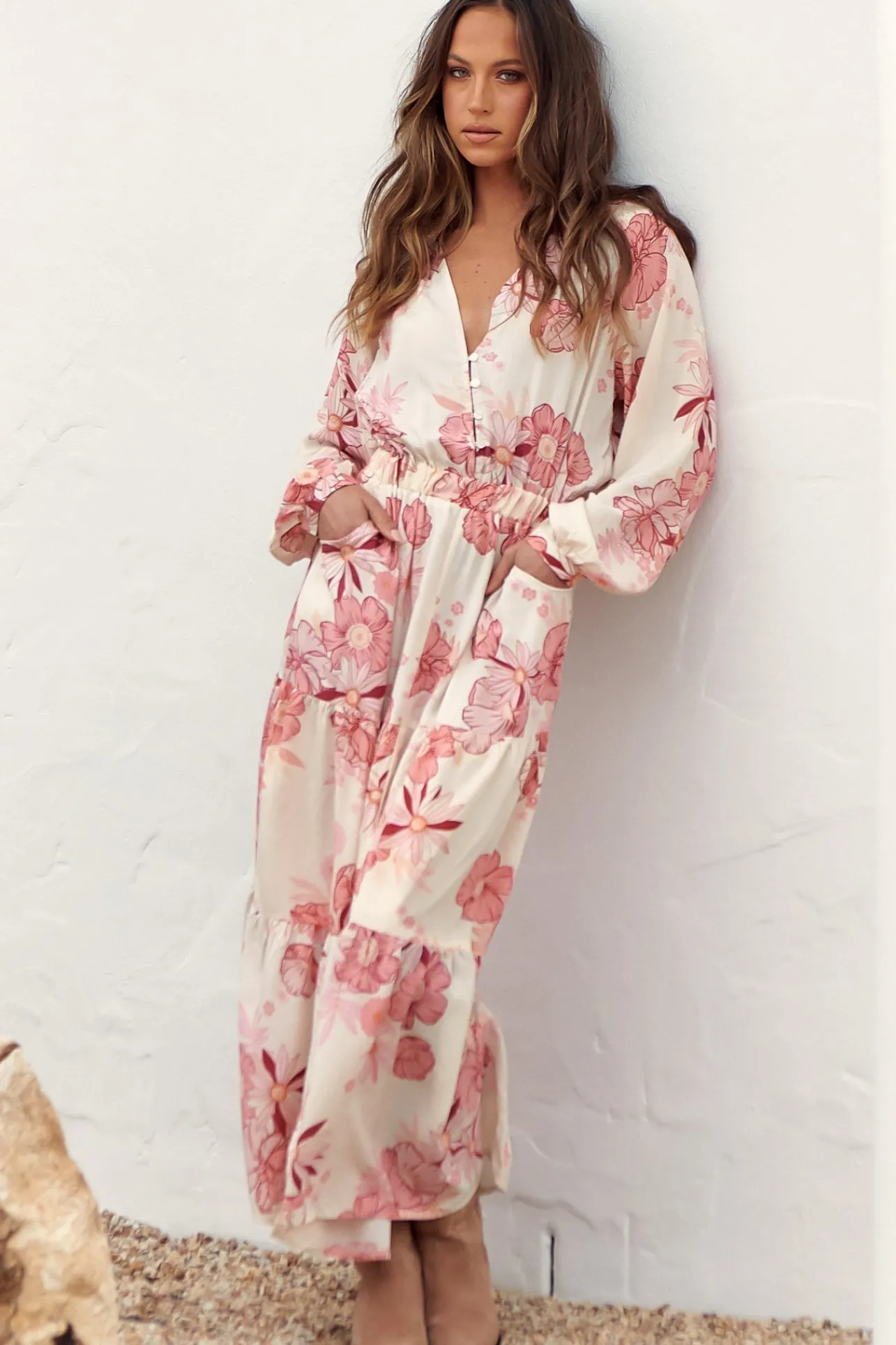 Otto Maxi Dress - Deep V Neck Long Sleeve Dress with Pockets in Lucie Print>Jaase Discount