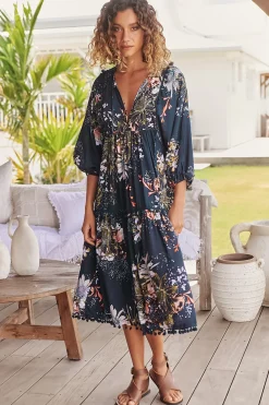 Palace Midi Dress - Pom Pom Spliced Batwing Sleeve Dress with Neck Tie in Indigo Print>Jaase Best