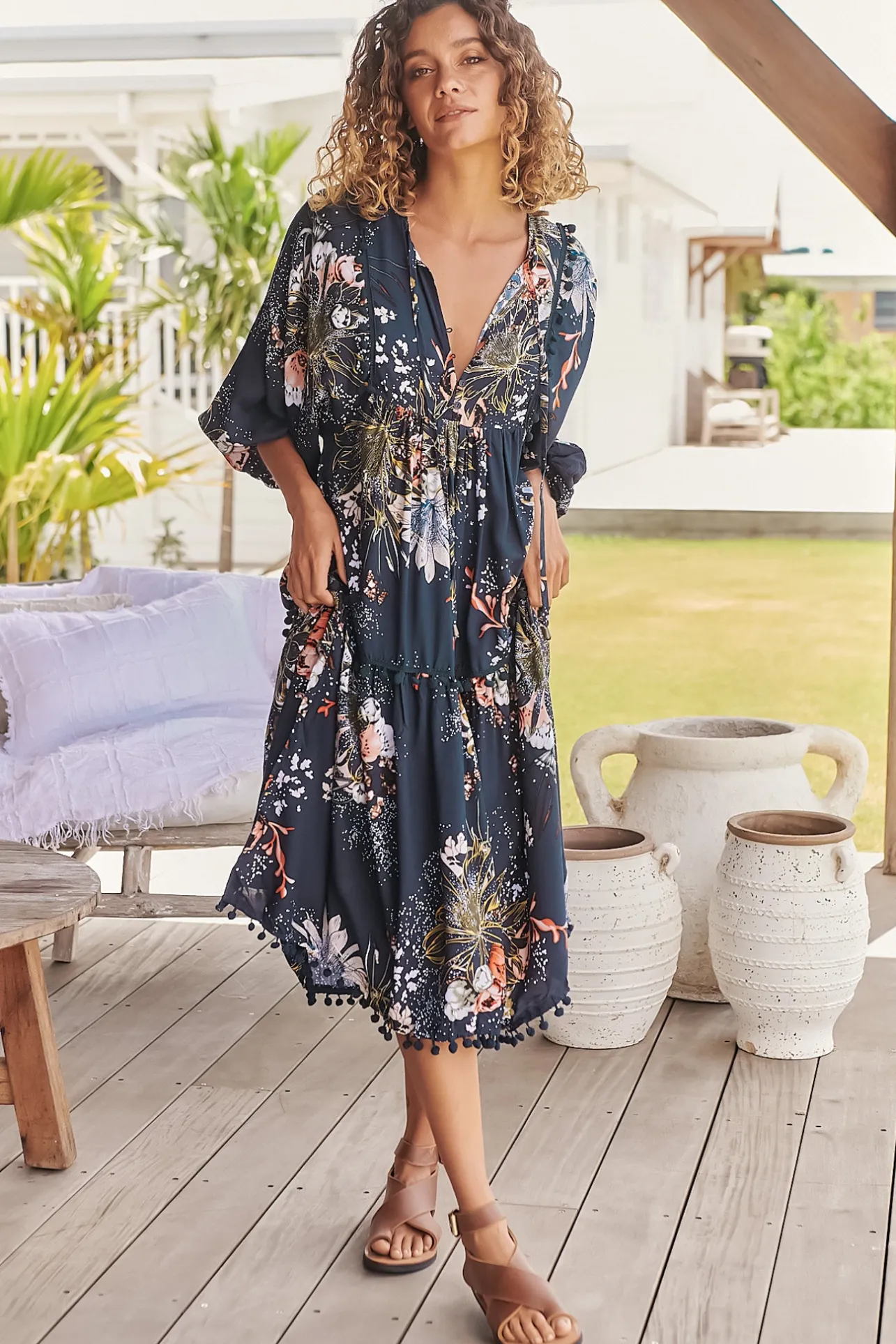 Palace Midi Dress - Pom Pom Spliced Batwing Sleeve Dress with Neck Tie in Indigo Print>Jaase Best