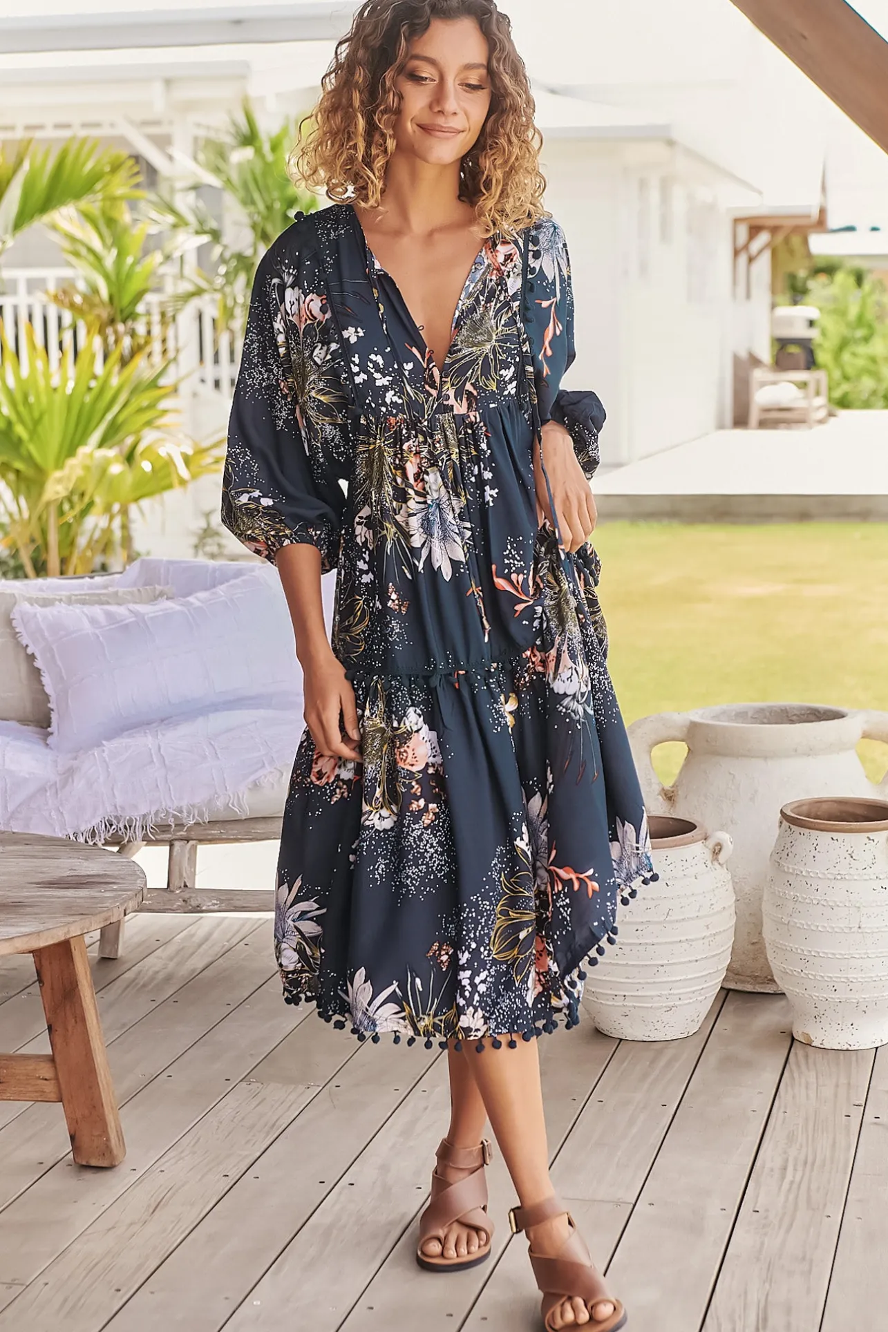 Palace Midi Dress - Pom Pom Spliced Batwing Sleeve Dress with Neck Tie in Indigo Print>Jaase Best