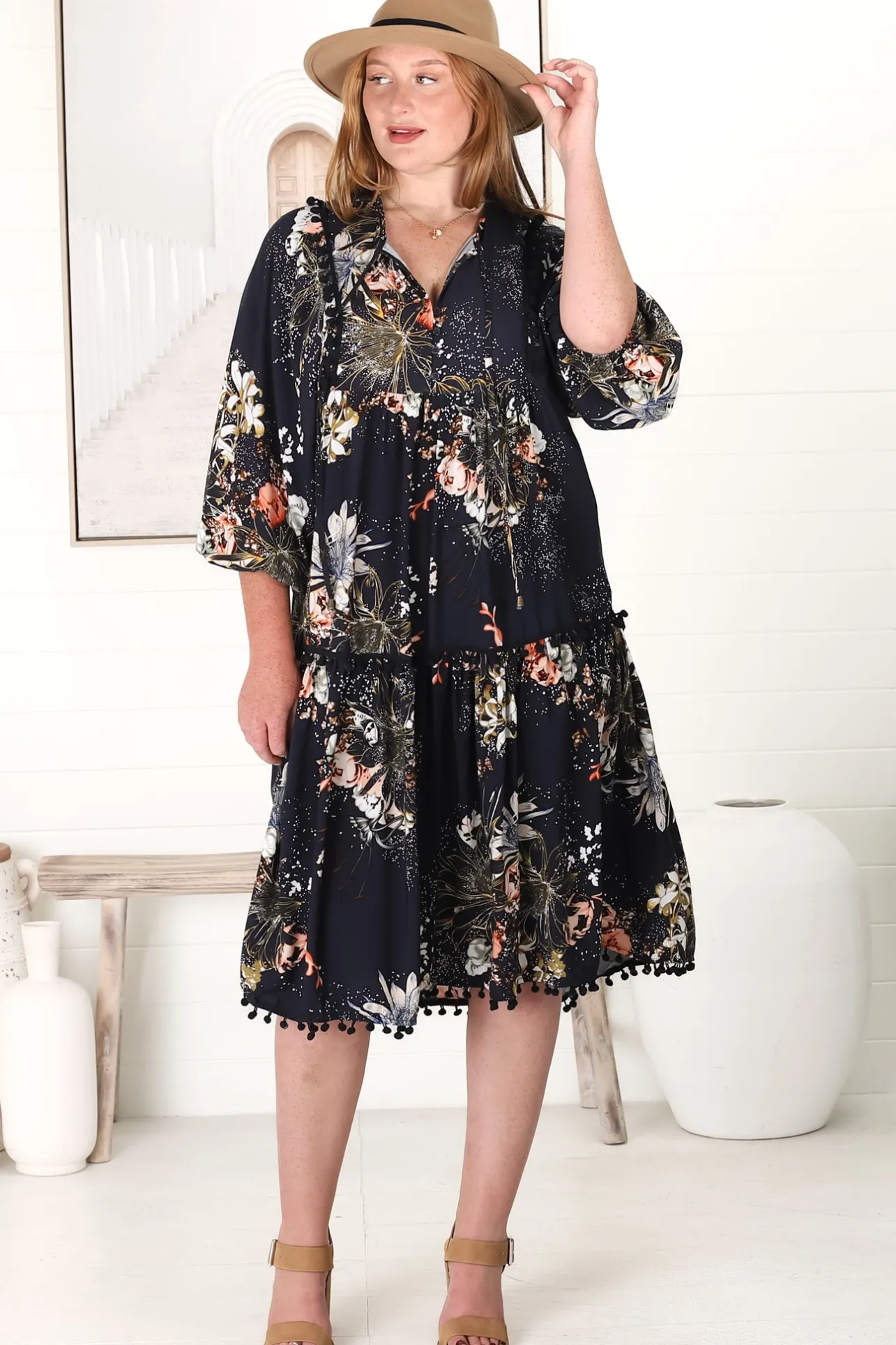 Palace Midi Dress - Pom Pom Spliced Batwing Sleeve Dress with Neck Tie in Indigo Print>Jaase Best
